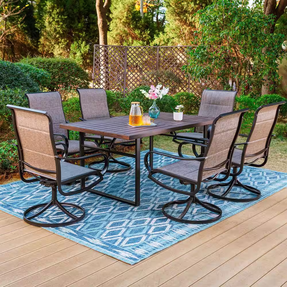 None Black 7-Piece Metal Outdoor Patio Dining Set with U Shaped Rectangle Table and Padded Textilene Swivel Chairs