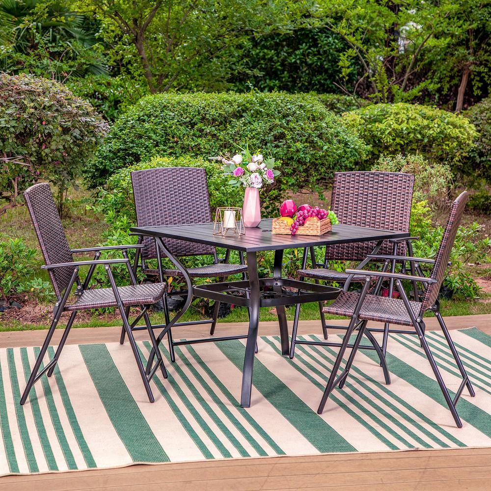 None Black 5-Piece Metal Slat Square Table Patio Outdoor Dining Set with Folding Reclining Rattan Chairs