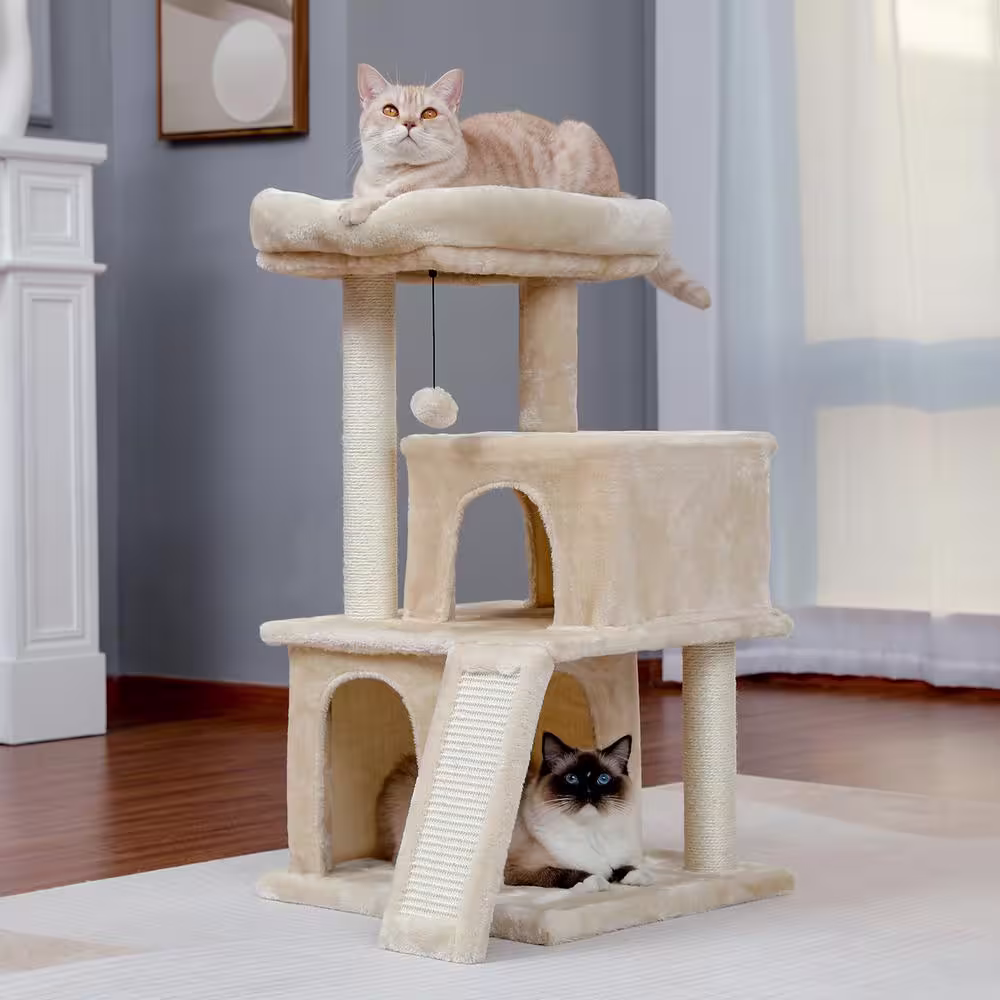 None 33.8 in. H Cat Tree Cat Tower with Condo and Dangling Ball in Beige