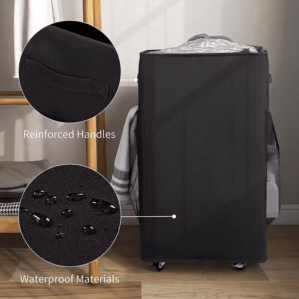None 90 L Plastic Laundry Basket Hamper with Wheels Black