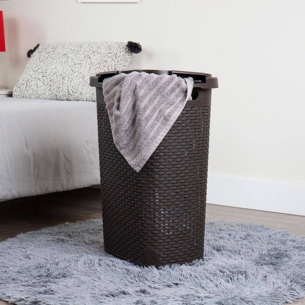 Mind Reader Basket Collection, Plastic Slim Laundry Hamper, 60 Liter (15kg/33lbs) Capacity, Attached Hinged Lid, Set of 2, Brown