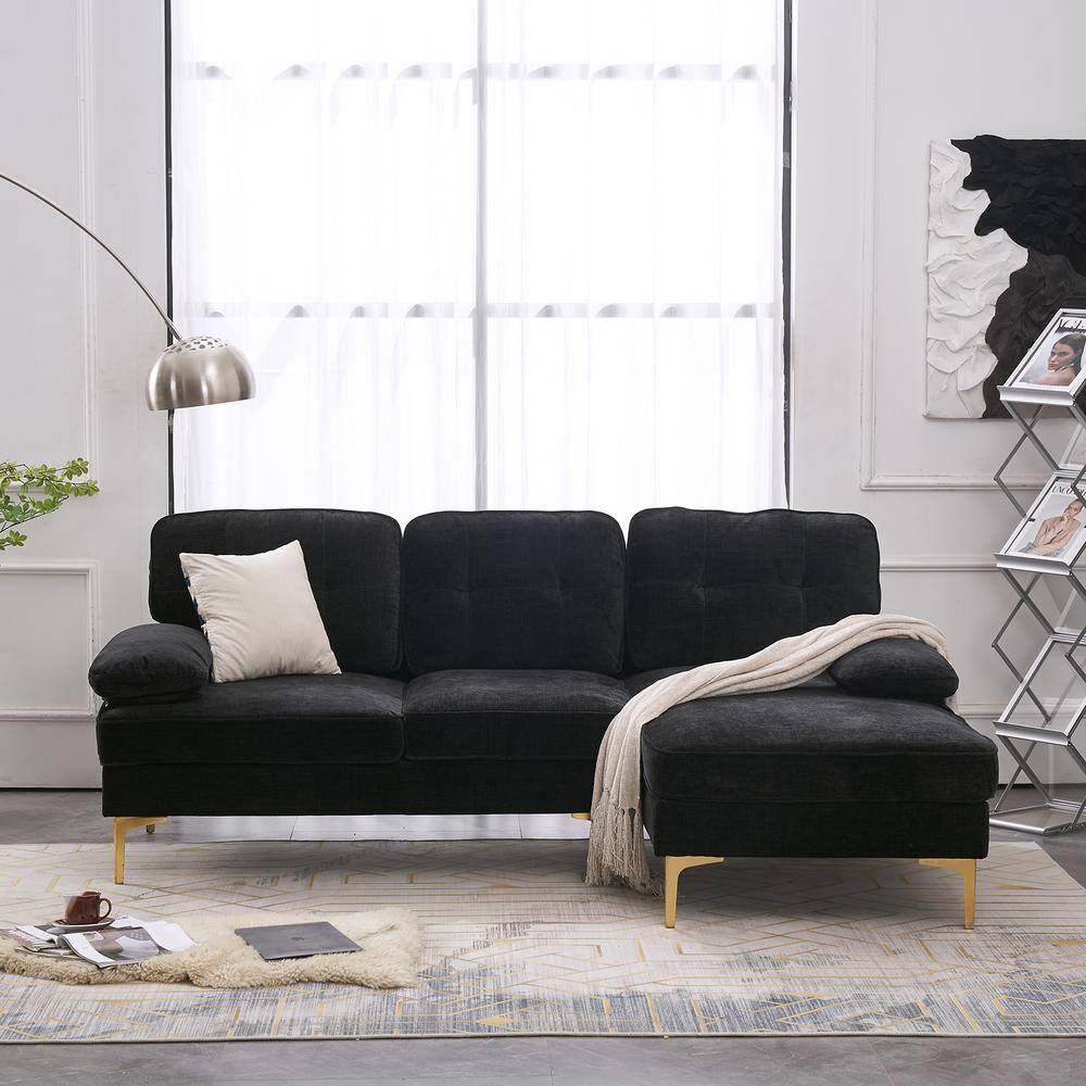 None 83 in. Wide Square Arm Chenille Mid-Century L-Shaped Sofa Black 3-Seats