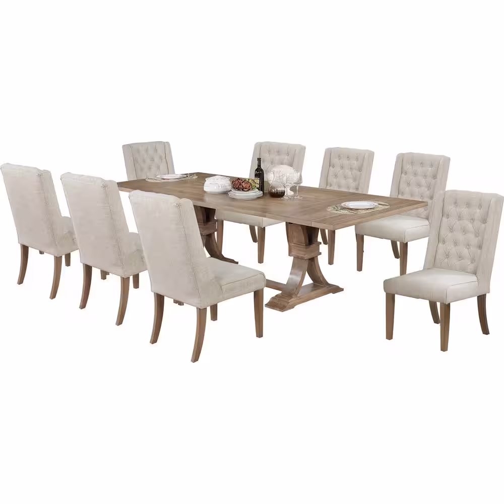 None Maribel 9-Piece Rectangular Wood Dining Table Set Beige Linen Fabric Chairs