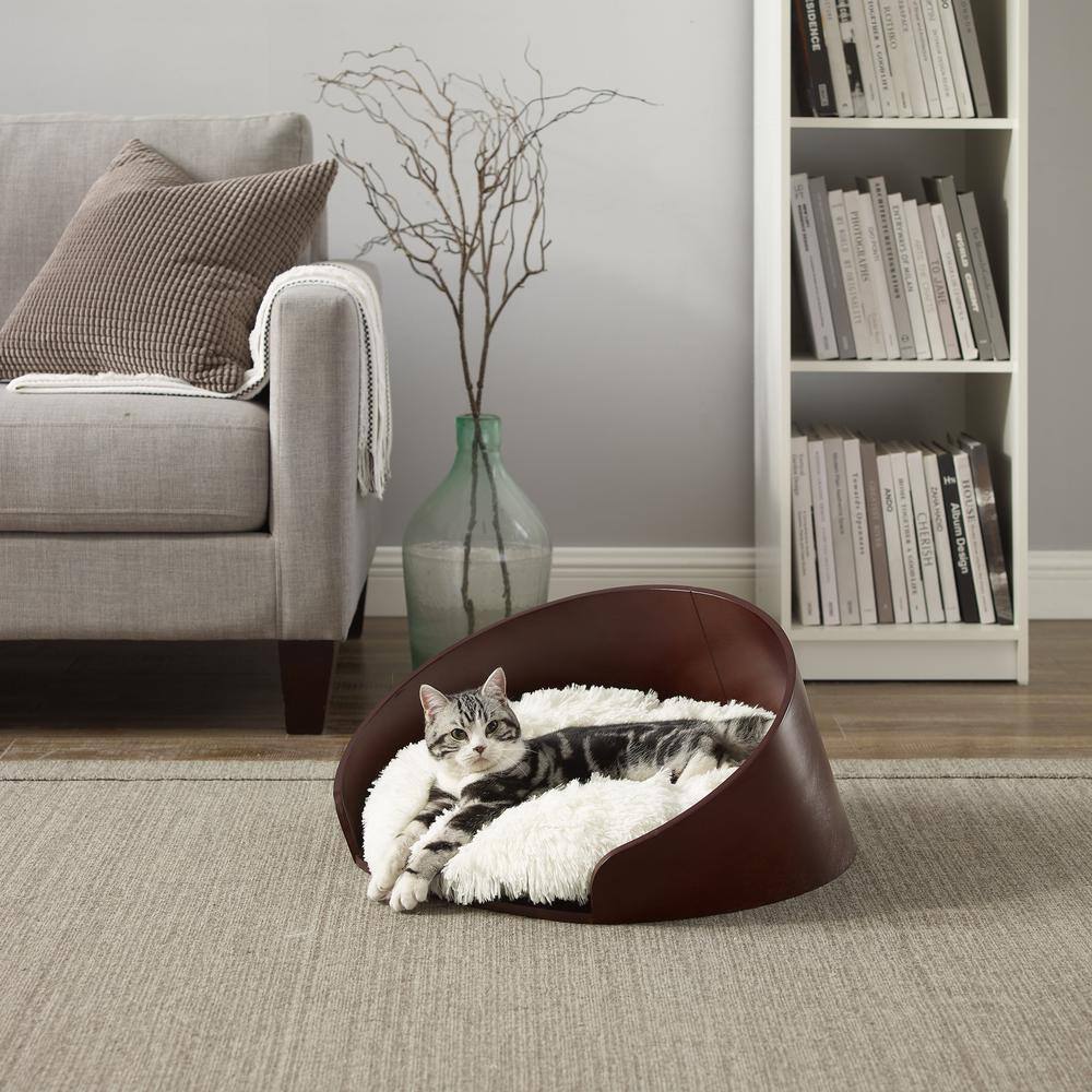 None Kuai Bent Wood Faux Fur Dark Brown Cat Bed Small
