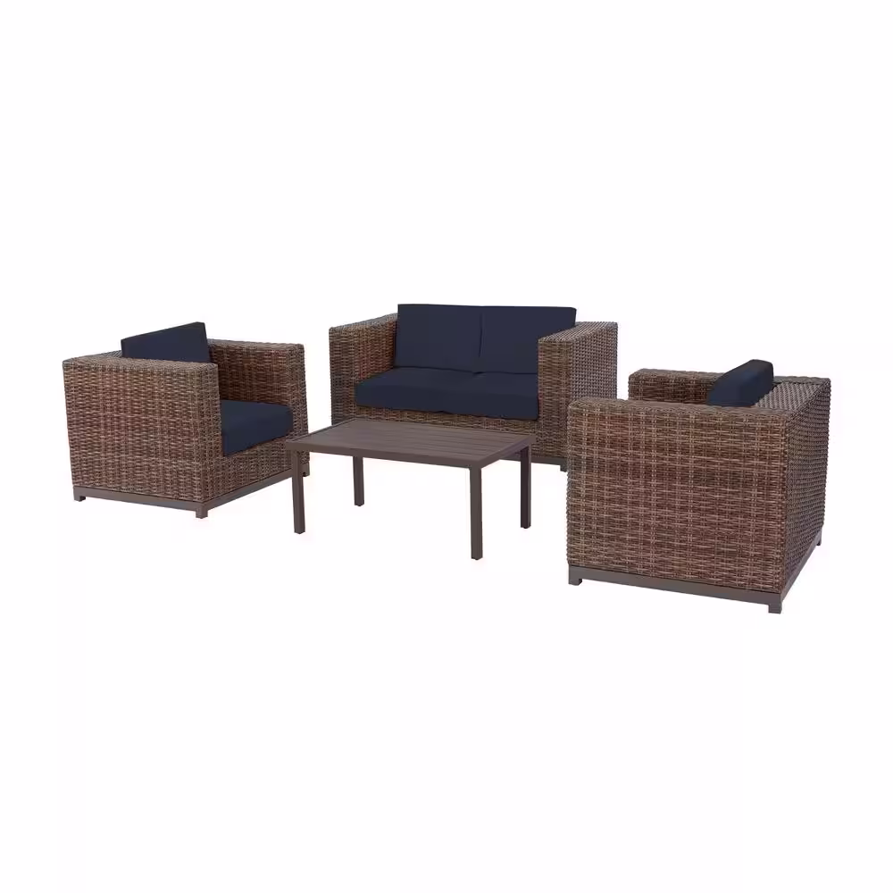Hampton Bay Fernlake 4-Piece Brown Wicker Patio Conversation Set with CushionGuard Midnight Cushions