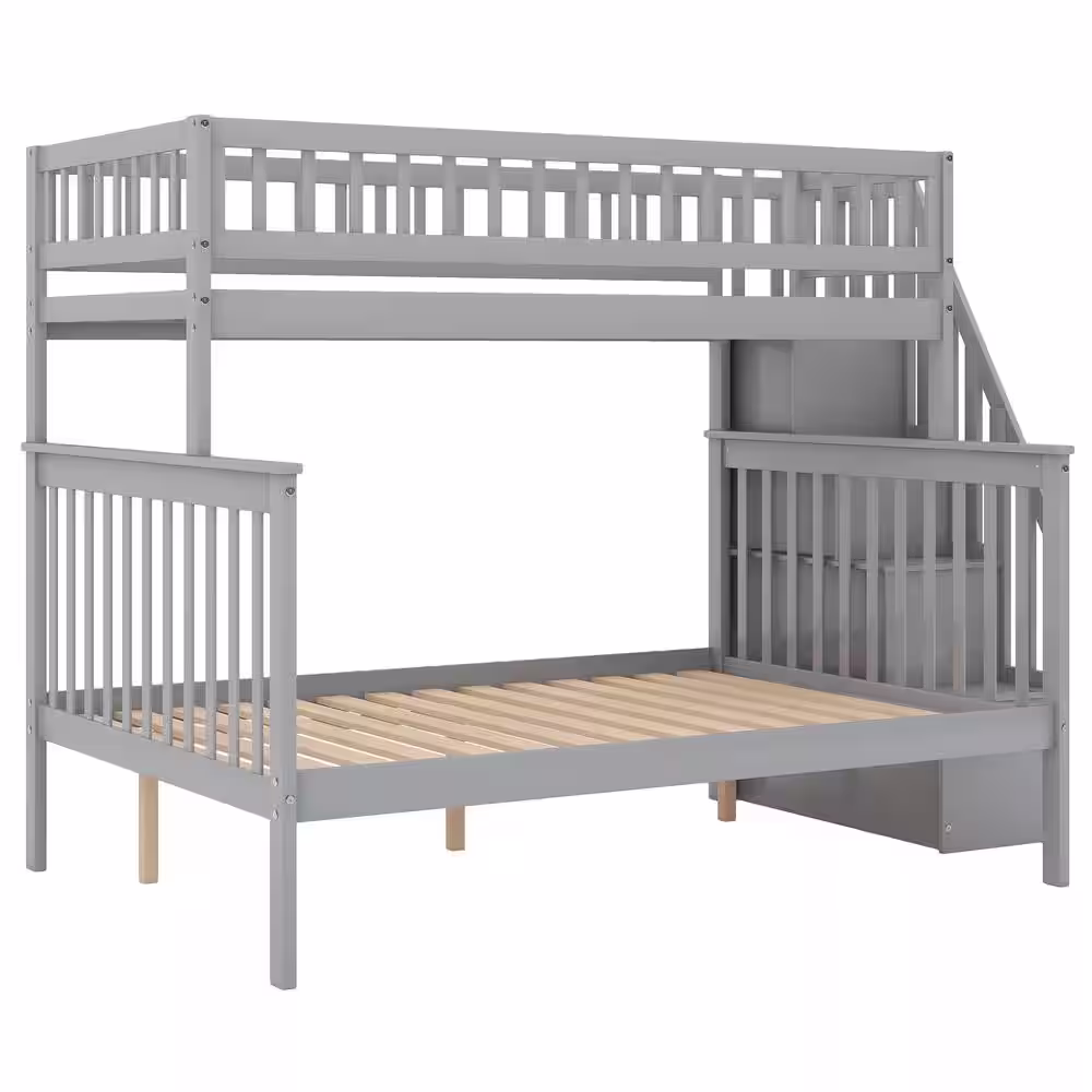None Gray Twin Over Full Stairway Bunk Bed with Storage and Stairs for Kids
