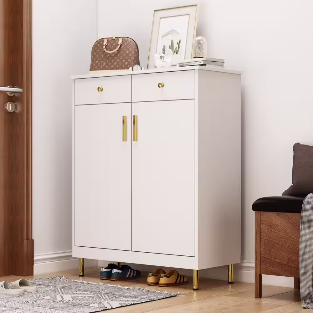 None White Wooden Shoes Storage Cabinet with Adjustable Shelves and 2 Drawers, 31.5 in. W Ã 39.4 in. H