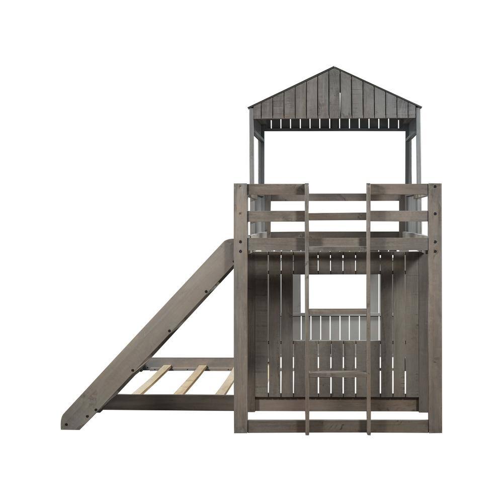 None Playhouse Style Antique Gray Wooden Twin Over Full Bunk Bed with Ladder,Slide and Guardrails(78.7 in. W x 82.3 in. H)