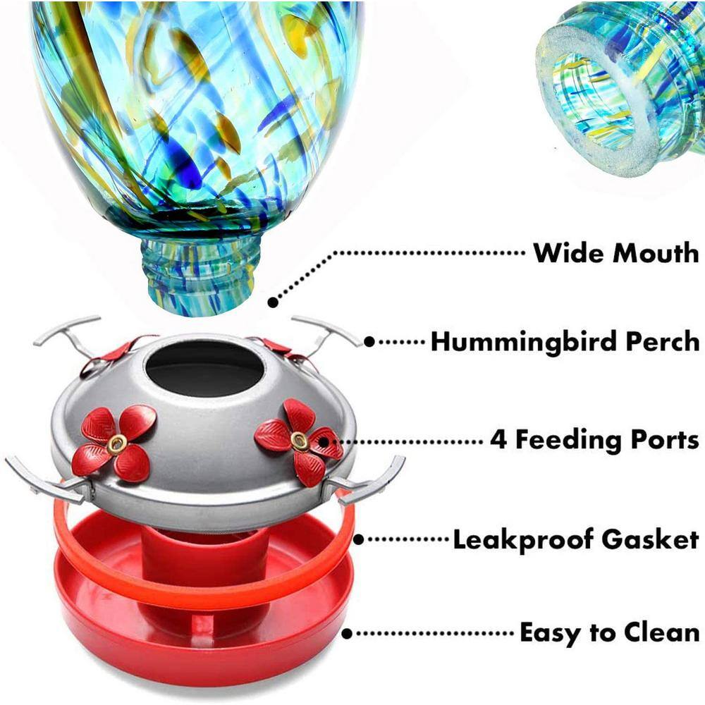 None 25 oz. Capacity Hand Blown Glass Garden Hummingbird Bird Feeder with Perch
