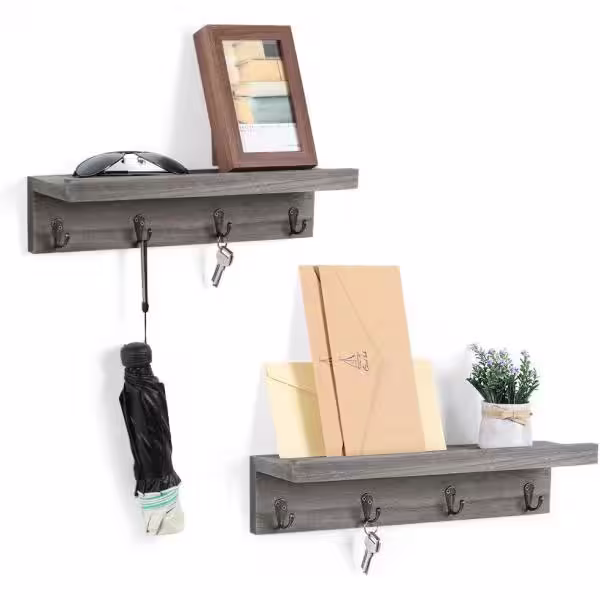 None Rustic Green Wood Coat Rack Wall Mount Shelf with 4-Dual Hooks Hooks (Set of 2)