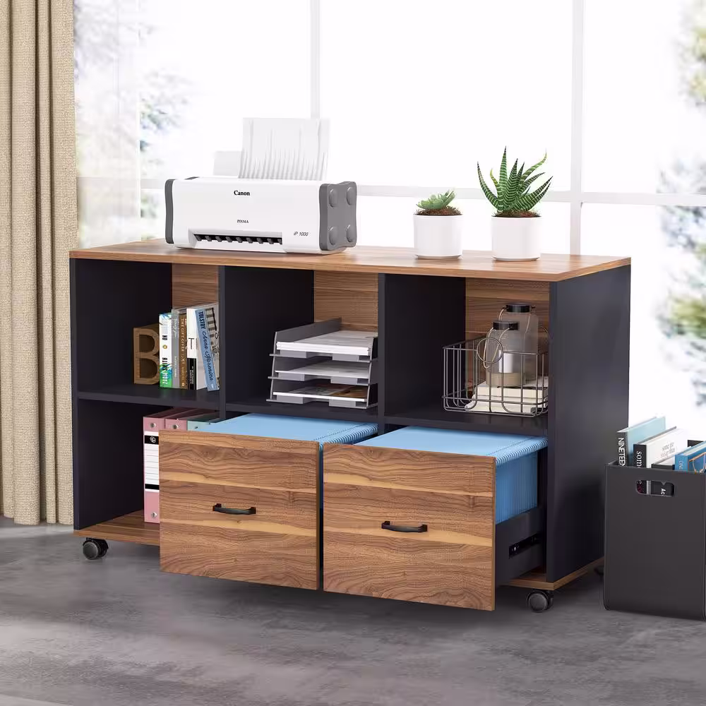 Tribesigns Lantz 55.1 in. L-Shaped Desk Brown Engineered Wood 2-Drawers Executive Desk with File Cabinet