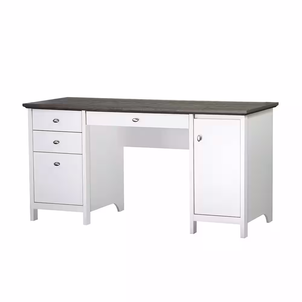 SAINT BIRCH Olivia 59.5 in. Gray Oak and White Wood 4-Drawer Writing Desk