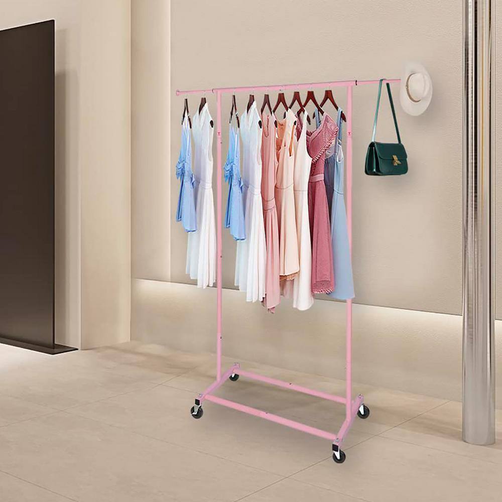None Pink Metal Garment Clothes Rack with Wheels 48 in. W x 59 in. H