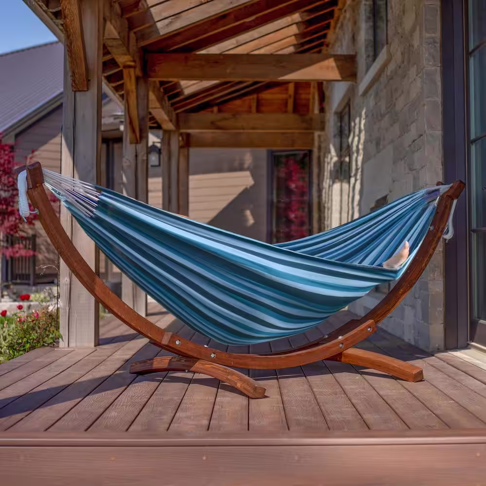 Vivere 8.5 ft. Double Cotton Hammock Bed with Stand in Blue Lagoon