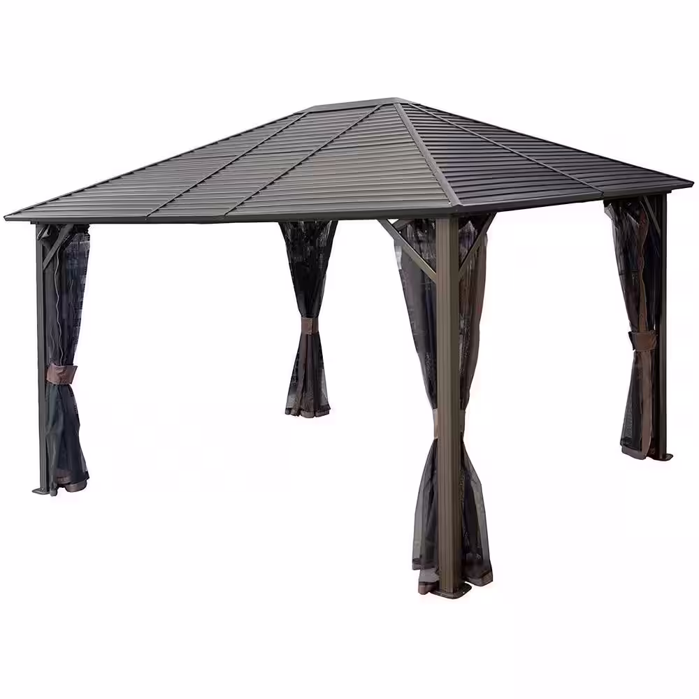 KOZYARD Caesar 10 ft. D x 9 ft. H x 12 ft. W Aluminum Hardtop Gazebo with Galvanized Steel Roof, Mosquito Net & Privacy Curtain
