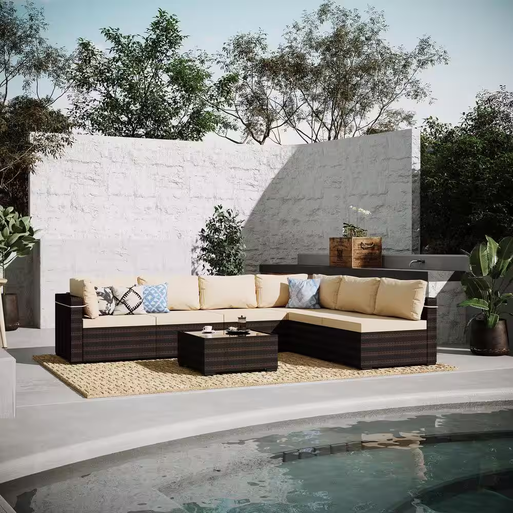UPHA 7-Piece Wicker Patio Conversation Sectional Seating Set with Beige Cushions