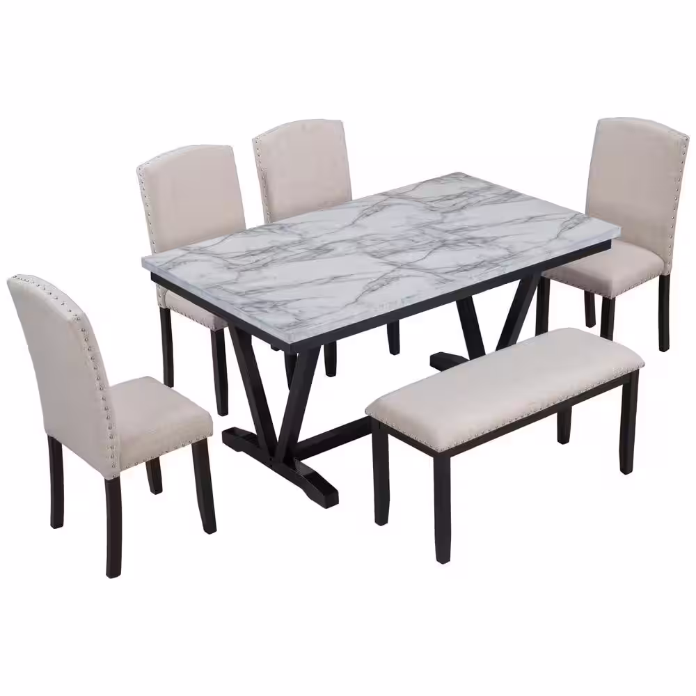 Harper & Bright Designs Modern Style 6-Piece White Marbled Top Dining Set with V-Shaped Table Legs