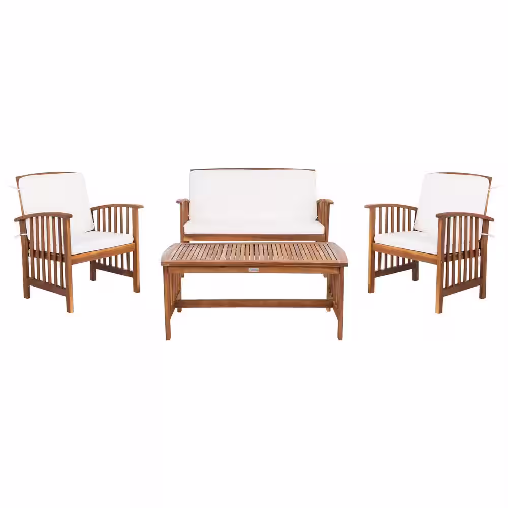 SAFAVIEH Rocklin Teak Brown 4-Piece Wood Patio Conversation Set with Beige Cushions