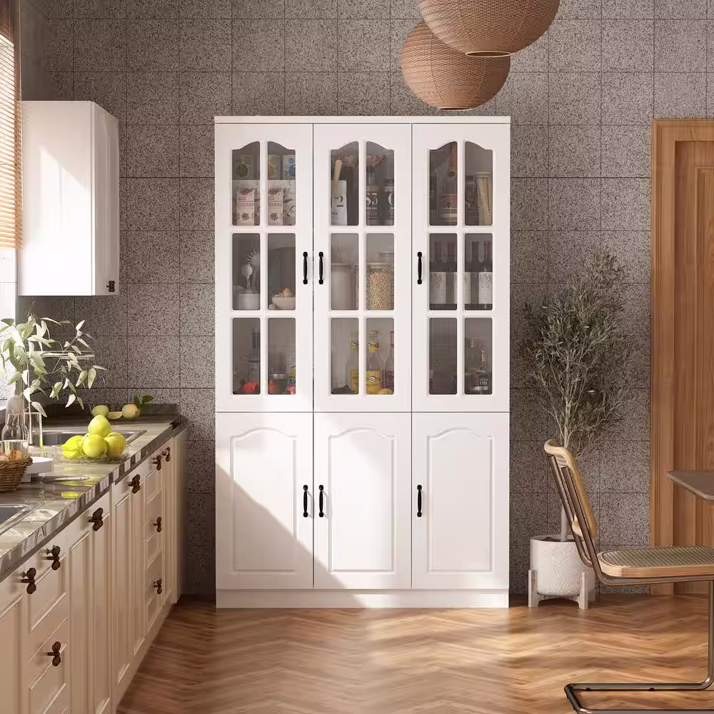 None White Wood Accent Storage Cabinet With Tempered Glass Doors, Adjustable Shelves (47.2 in. W x 15.7 in. D x 78.7 in. H)