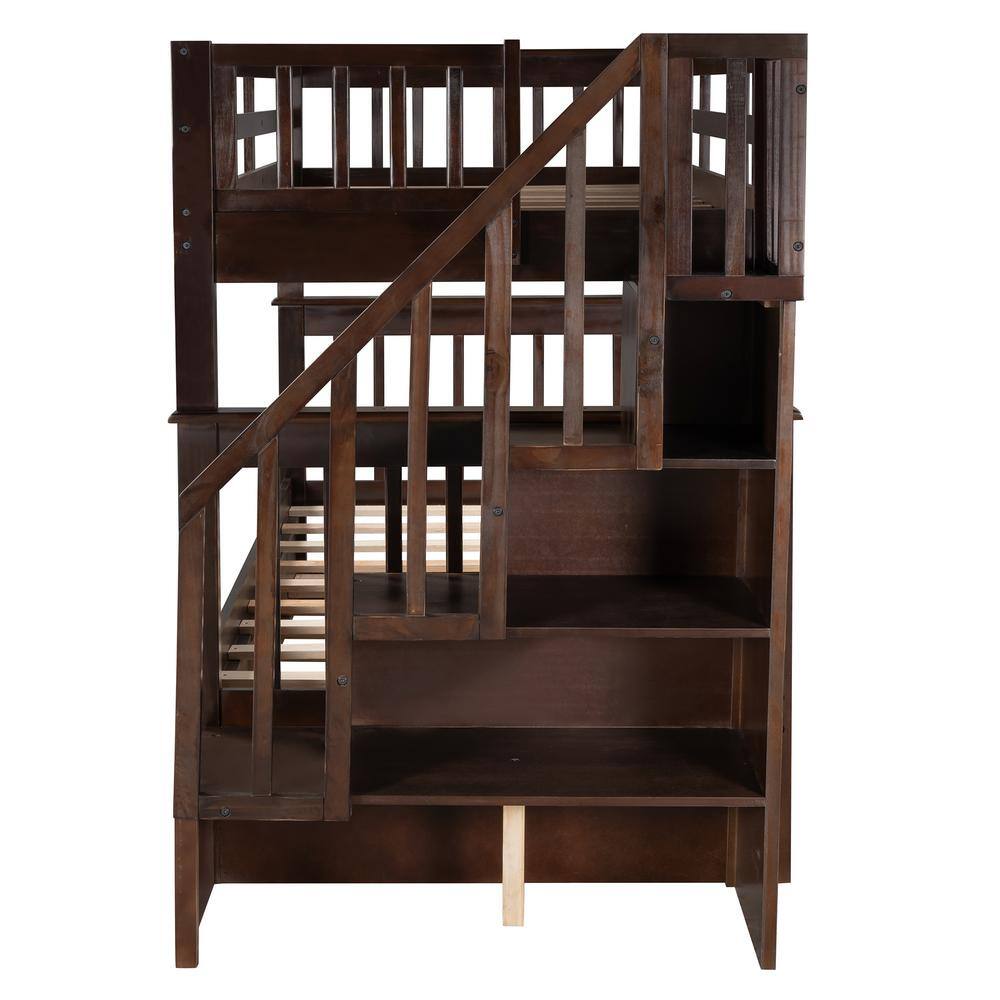 Qualler Hazzard Espresso Twin Over Twin Bunk Bed with Stairs and Shelves
