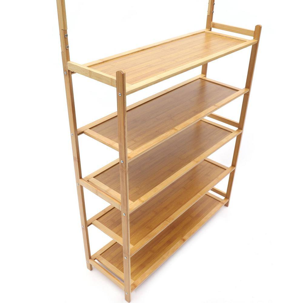 None 69.29 in. H 12-Pair Multifunctional Wood Shoe Rack with 10 Hooks