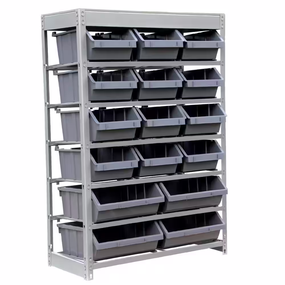 None Gray 6-Tier Boltless Bin Storage System Garage Storage Rack (16 Plastic Bins in 6 Tier)