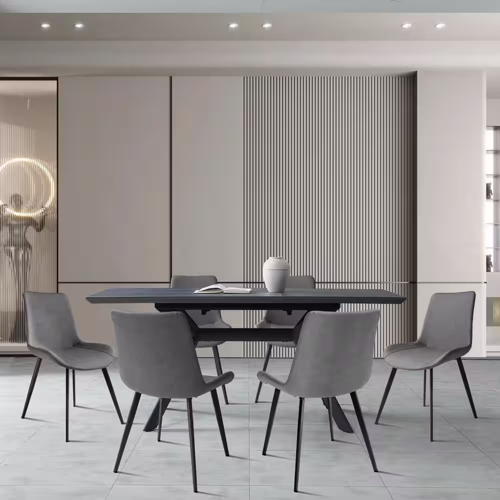 None 7-Piece Grey Chairs and Gray MDF Wooden Extendable Dining Table, Dining Table Set with 6 PU Chairs for Dining Room
