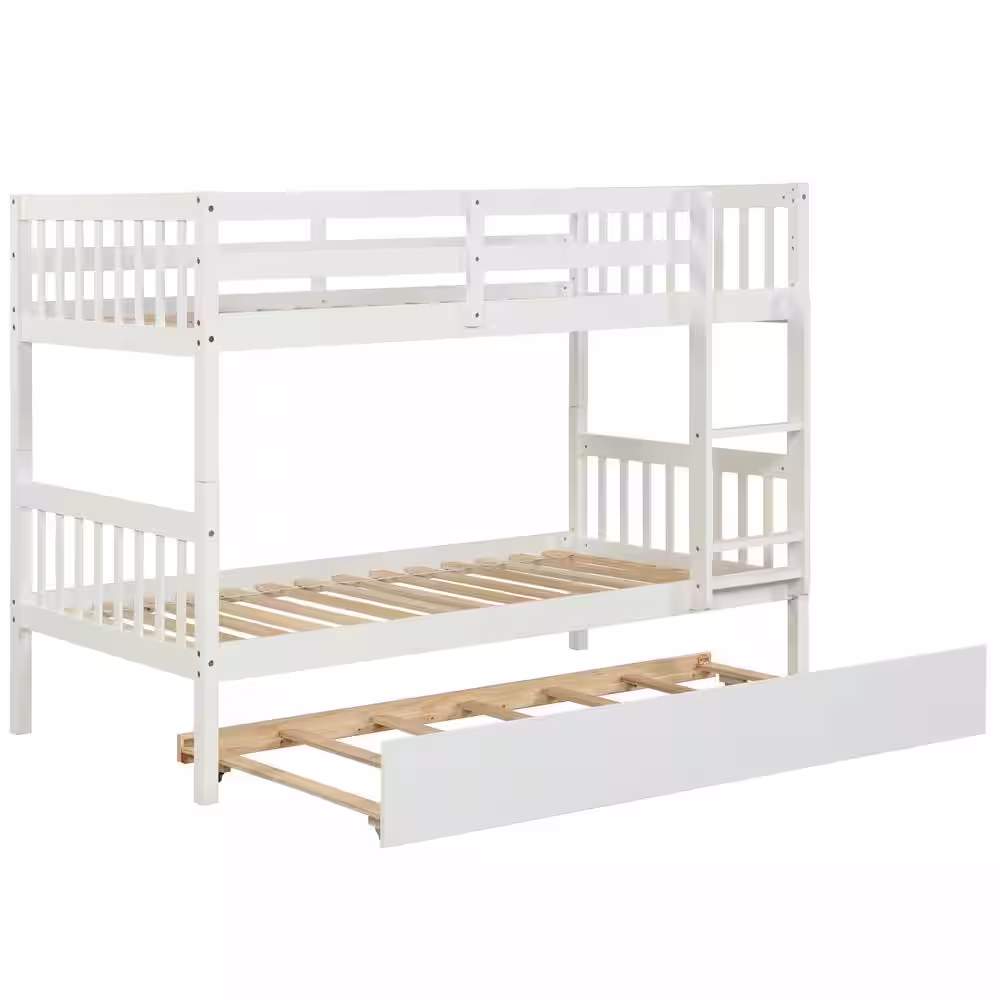 ANBAZAR White Solid Wood Twin Bunk Bed with Trundle, Convertible Kids Bunk Bed with Built-in Ladders and Safety Rail