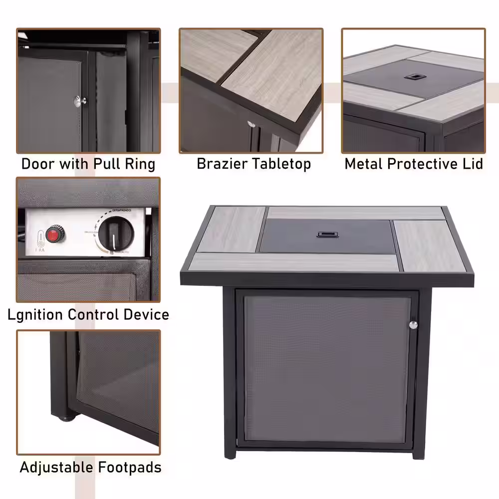 None 32 in. Square Full Iron Fire Pit Table with Table Lid