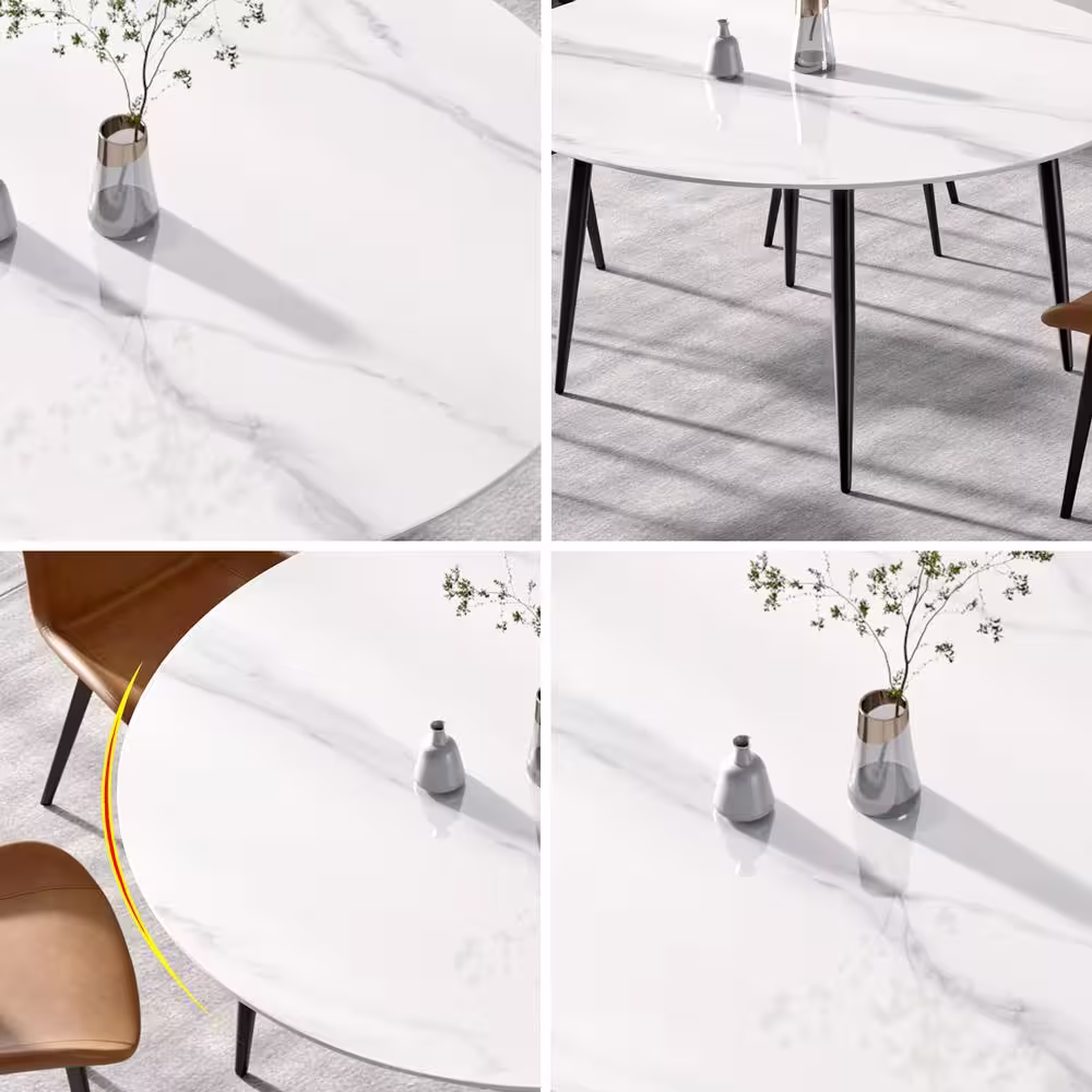 Magic Home 59.05 in. Modern Round Dining Table White Sintered Stone Tabletop Dining Table with Solid Black 4 Legs (Seat 8)