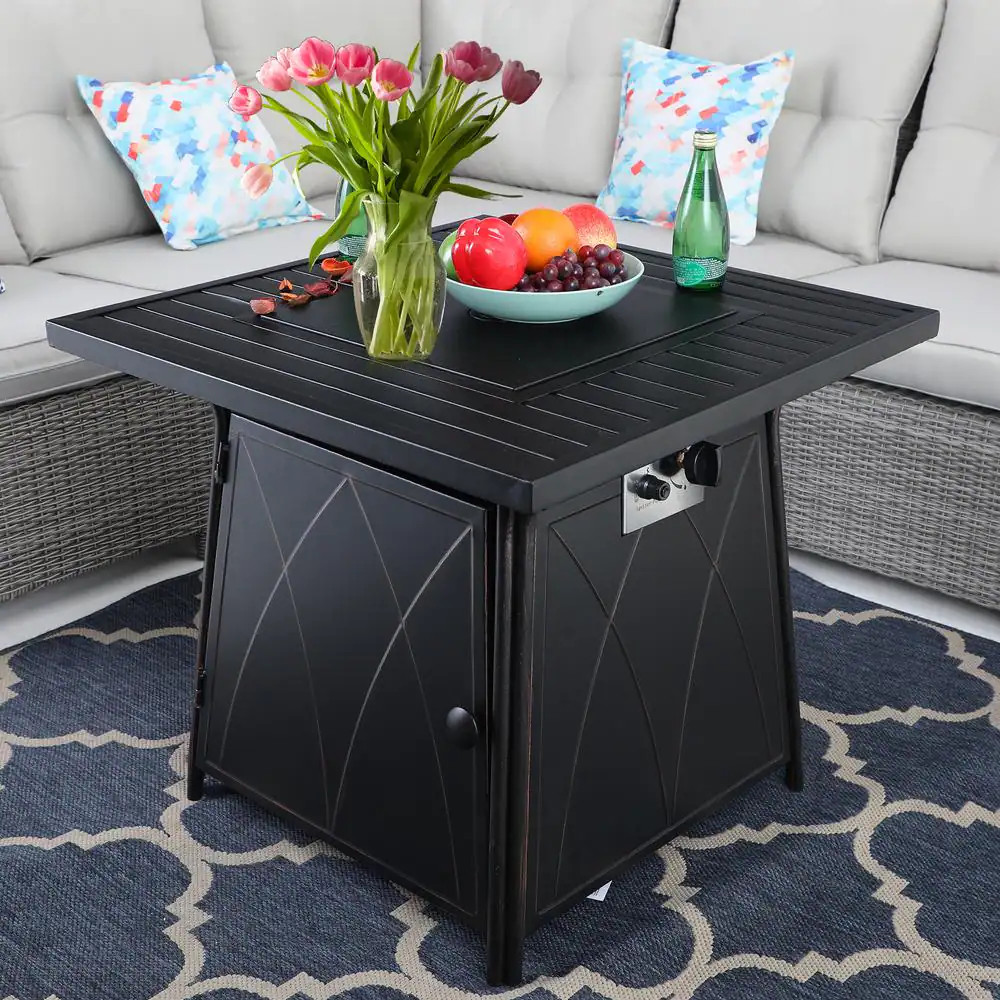 None 28.3 in. x 24.8 in. 50,000 BTU Square Metal Gas Fire Pit Table with Lid and Blue Fire Glass