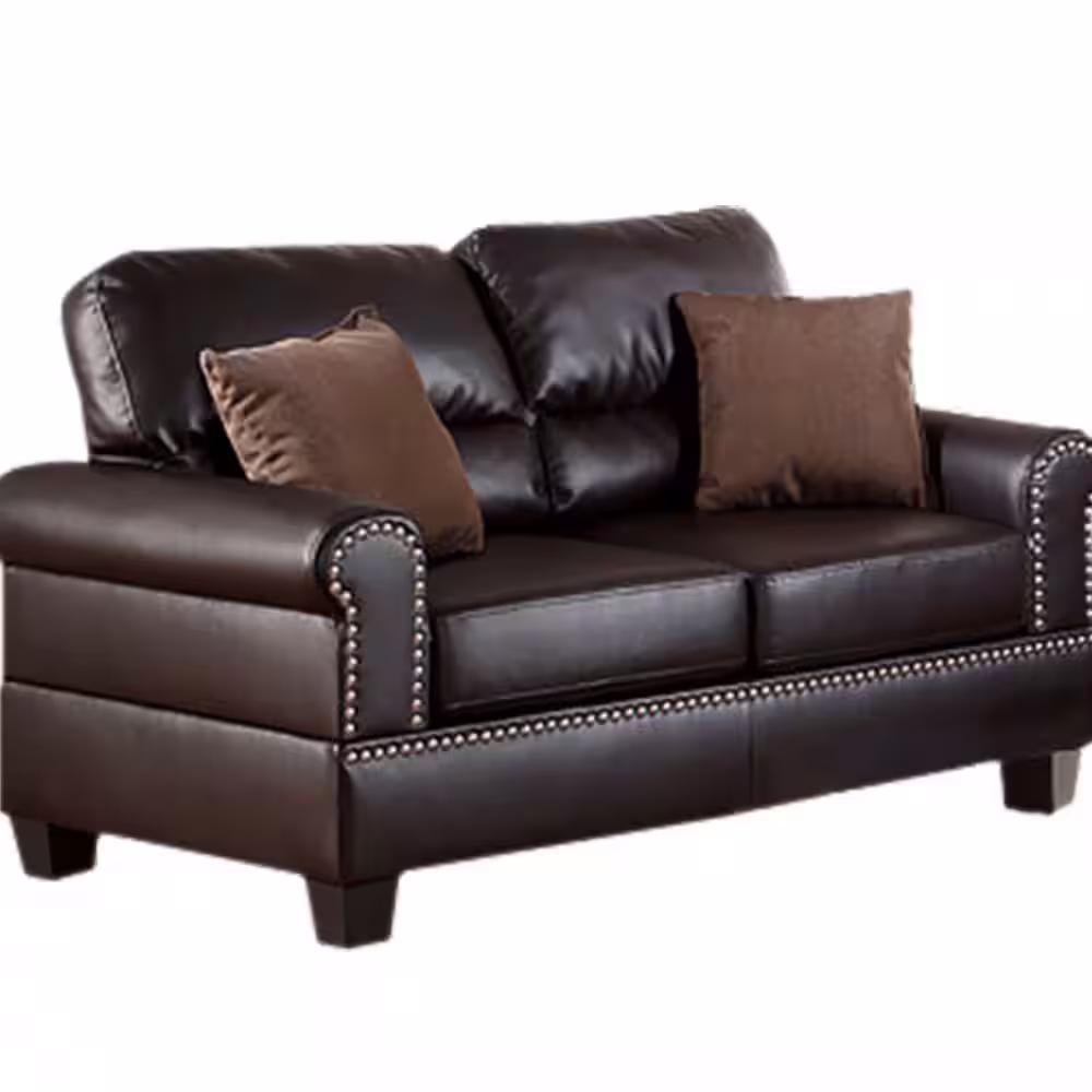Benjara 57 in. Round Arm Bonded Leather Straight 2-Piece Sofa Set with Pillows Brown