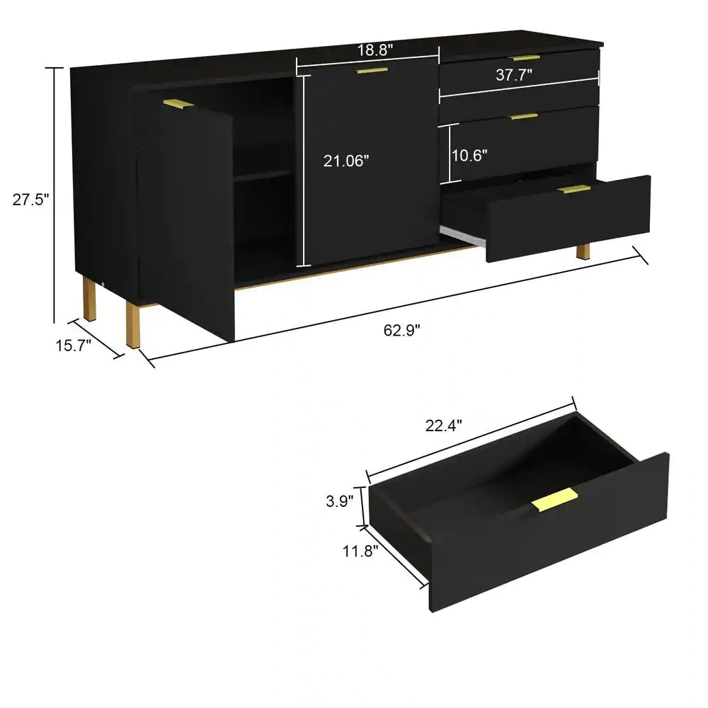 None 62.9 in. W Black Paint Sideboard Kitchen Buffet Cupboard with Drawers and Shelves, Metal Legs