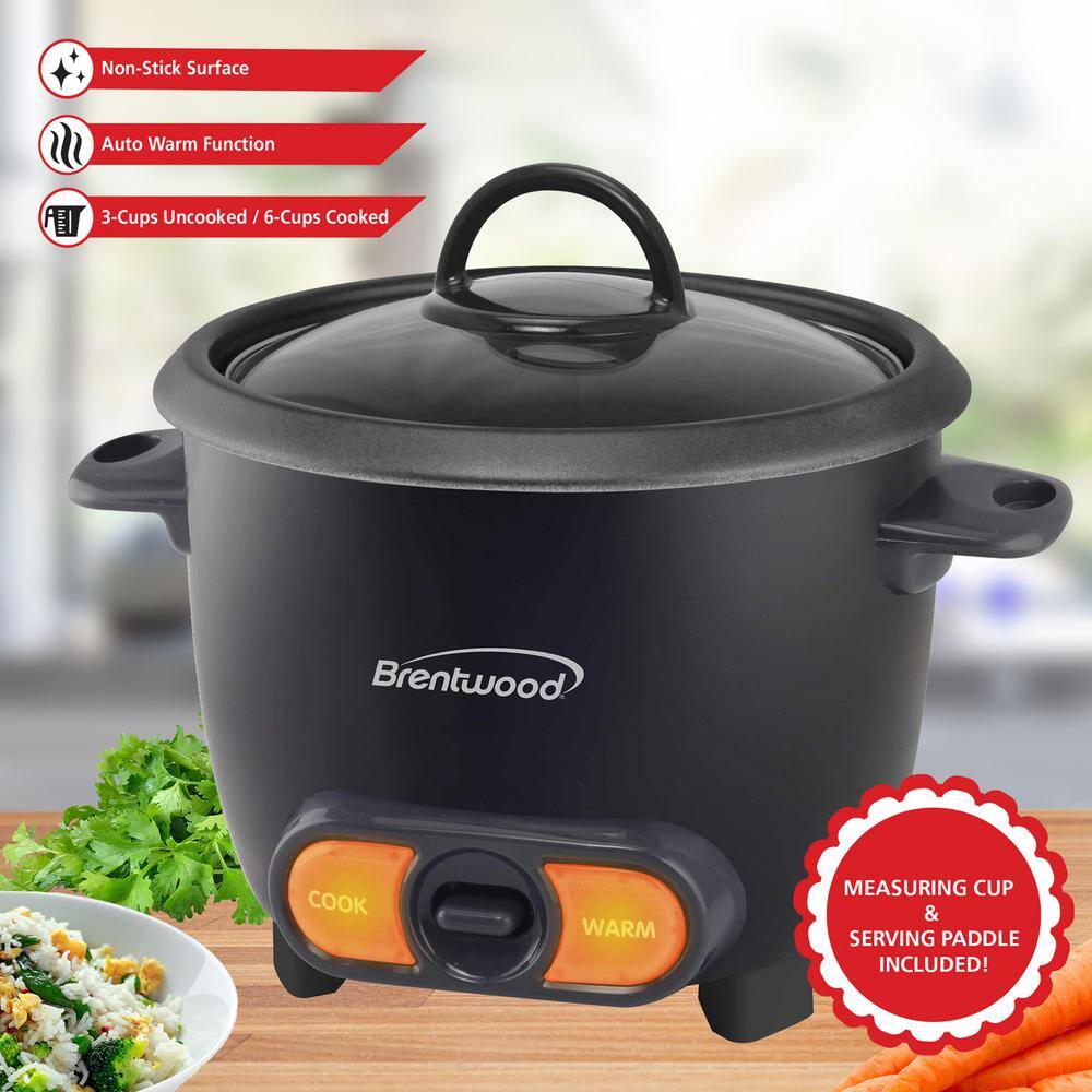 Brentwood 3-Cup Black Uncooked/6 Cup Cooked Non Stick Rice Cooker