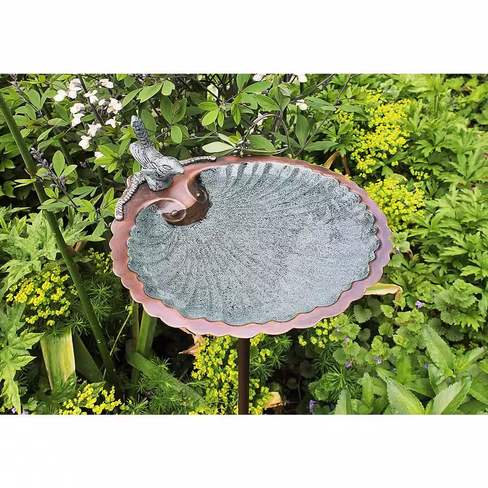 Achla Designs 11 in. Tall Antique Brass Plated Scallop Shell Birdbath and Feeder with Stake