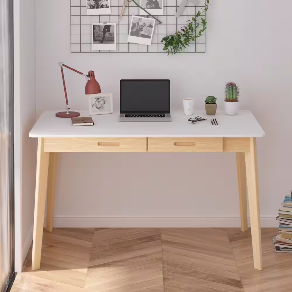 None 47.2 in. W x 21.7 in. D x 29.5 in. H White Rectangular MDF Computer Desk with 2-Drawers