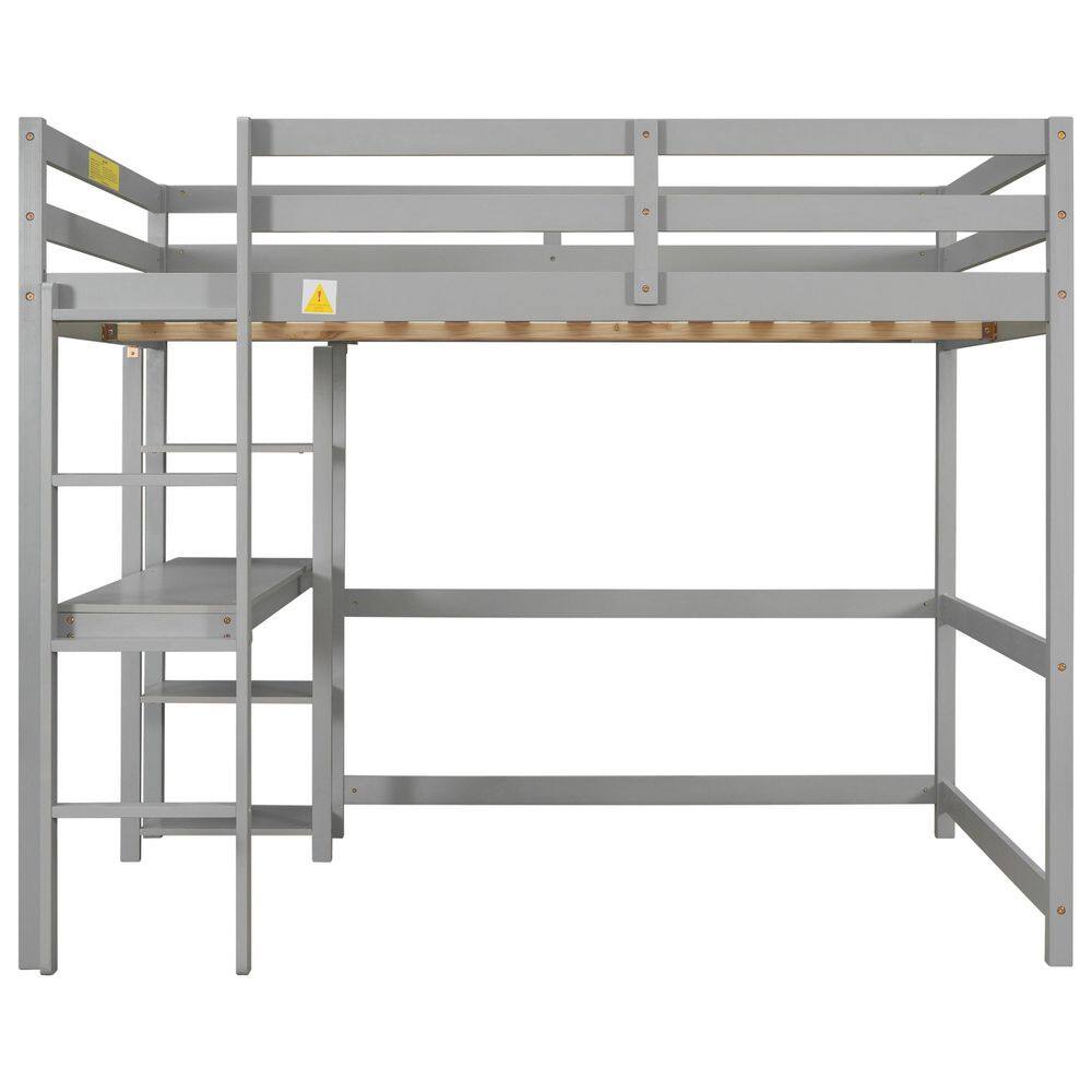 None Gray Full Wood Frame Loft Bed with Bookshelves and Desk Full Kids Loft Bed with Solid Ladder Wood Loft Bed