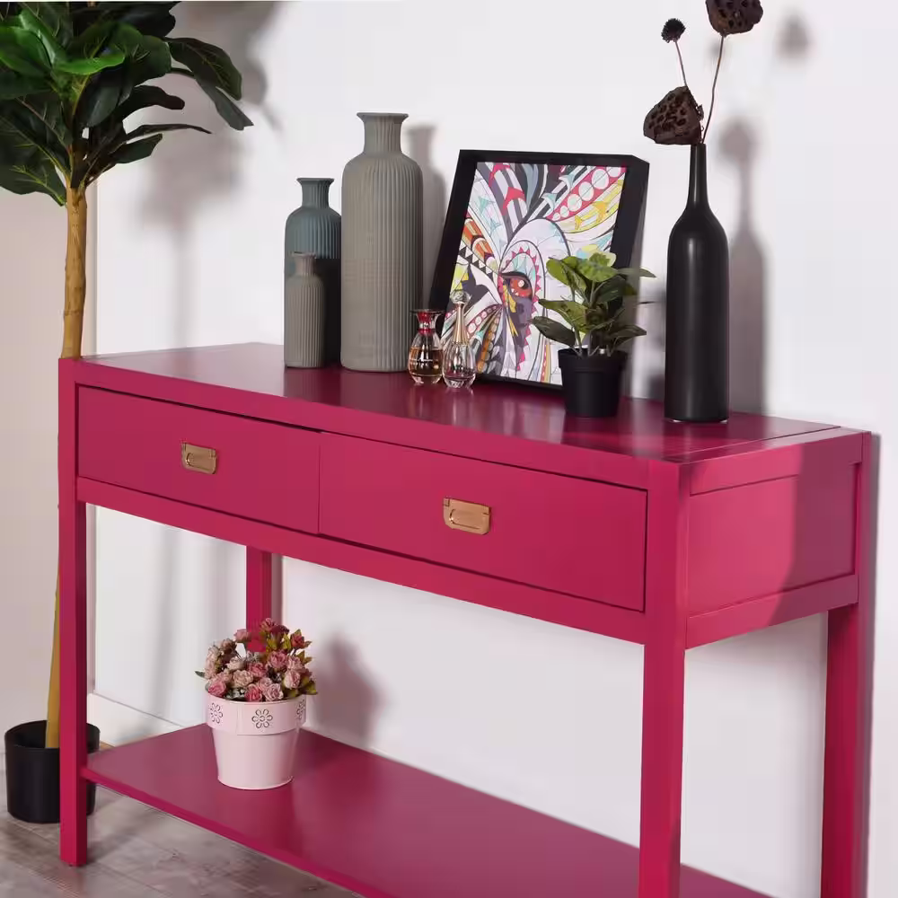 Homy Casa Bianca 44.3 in. Pink Standard Rectangle Wood Console Table with 2-Drawers