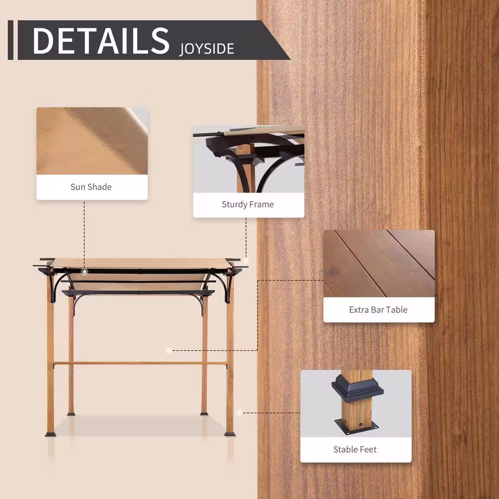 None 13 ft. x 8.5 ft. Steel Patio Pergola with Beige Shade Canopy and Bar Shelf