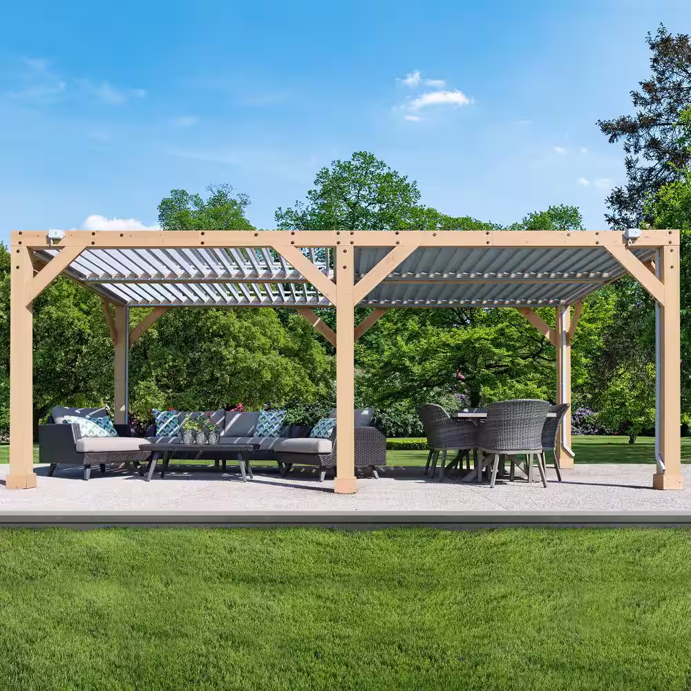 Yardistry Meridian 10 ft. x 20 ft. Premium Cedar Patio Shade Pergola with Gray Louvered Roof Panels and Built-In Gutter System