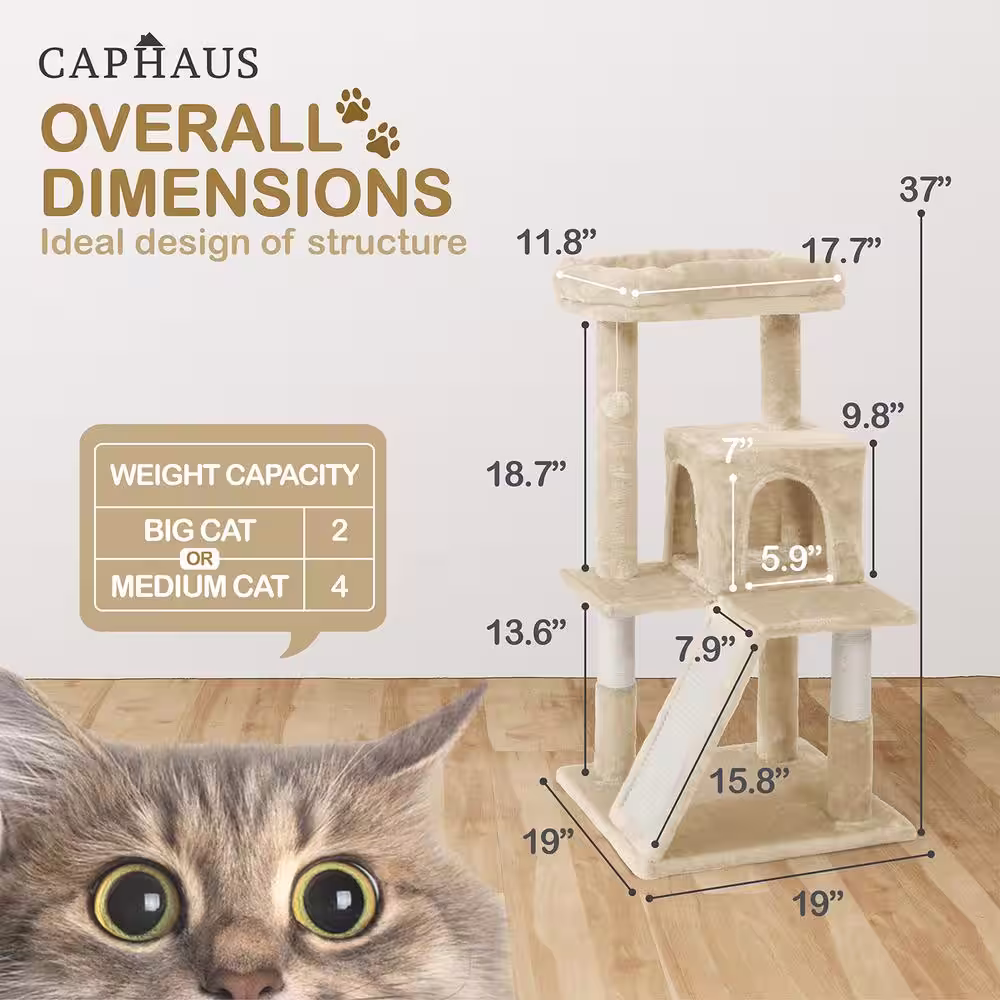 None 37 in. Beige Cat Tower for Indoor Cats, Modern Cute 37 in. Small Cat Tree with Widened Perch
