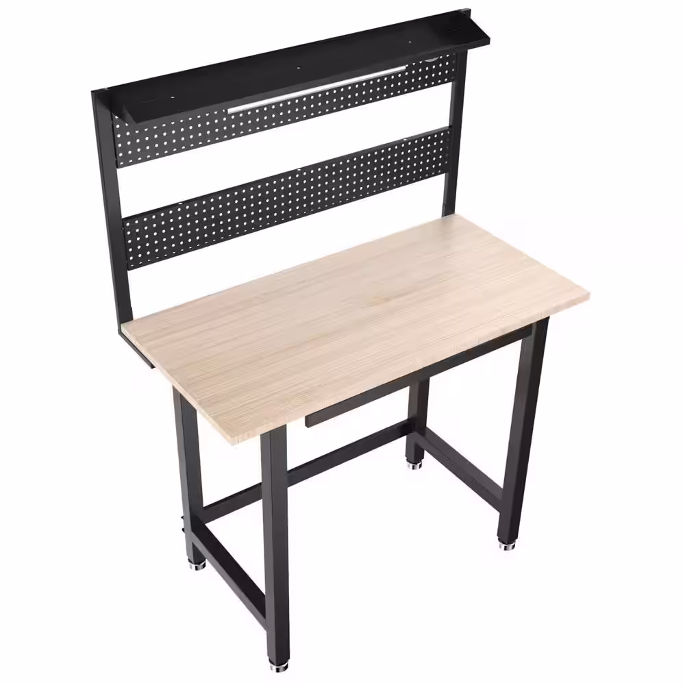 None Rocko Fixed Workbench with Drawer, LED & Pegboard