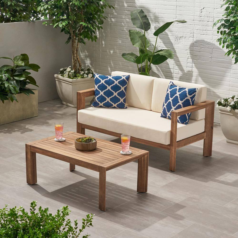 Noble House Genser Brown 2-Piece Wooden Patio Conversation Set with Beige Cushions