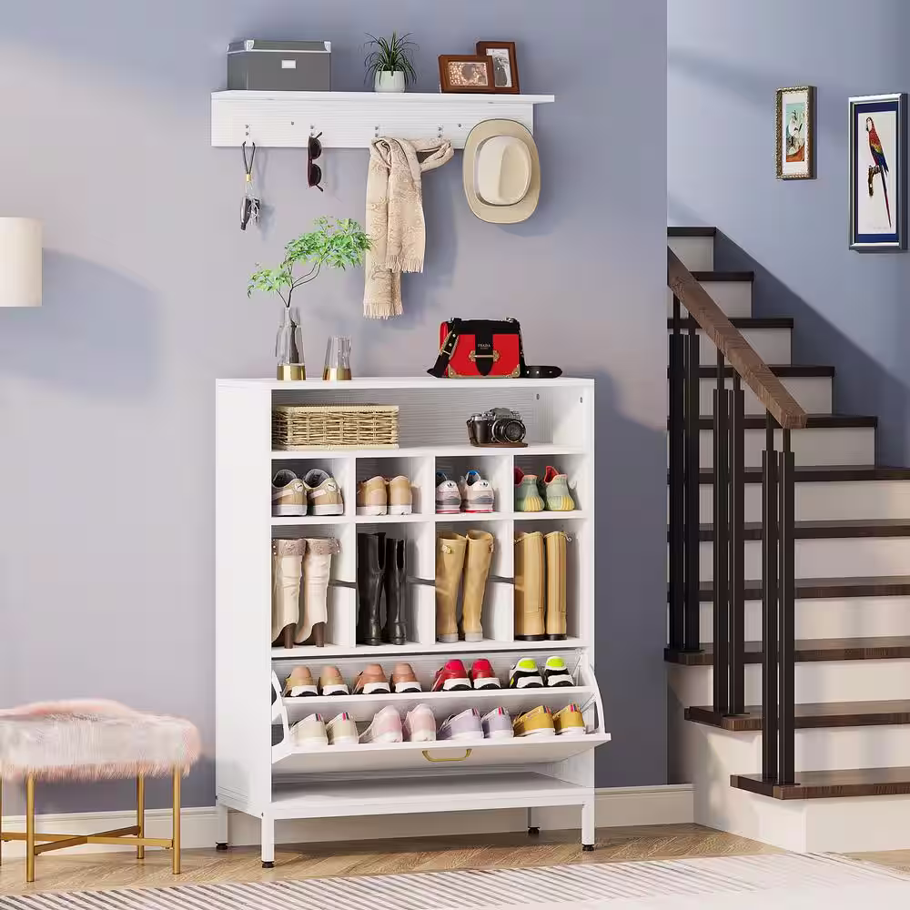 None 43.9 in. H x 33.5 in. W White Shoe Storage Cabinet with Coat Rack, Entryway Shoe Rack with Flip Door and 12 Shoe Cubbies
