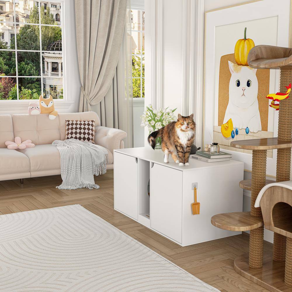 None Modern Cat Litter Box Enclosure for 2 Cats, Large Wood Stackable Cat Washroom Cabinet Bench End Table Furniture, White
