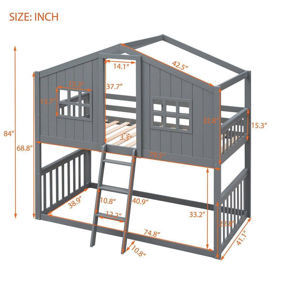 Harper & Bright Designs Gray Twin Over Twin Wood House Bunk Bed With Ladder