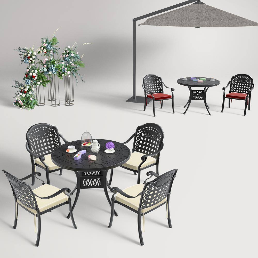 None Isabella Black 5-Piece Cast Aluminum Outdoor Dining Set with 39.37 in. Round Table and Random Color Seat Cushions