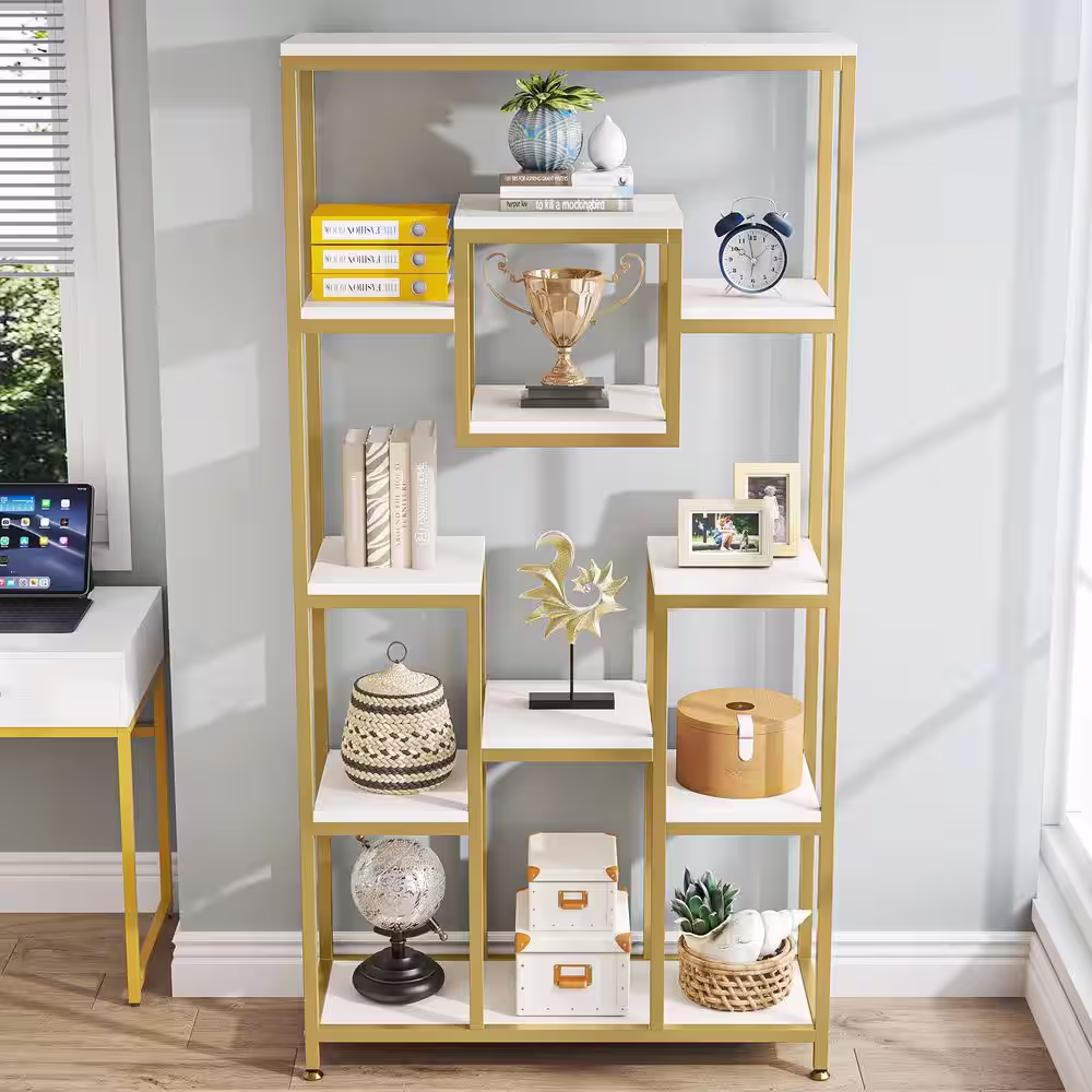 TRIBESIGNS WAY TO ORIGIN Frailey 71 in. Gold White Tall 11-Tier Large Open Display Bookshelf Geometric Cubed Bookcase Modern Storage Home Office