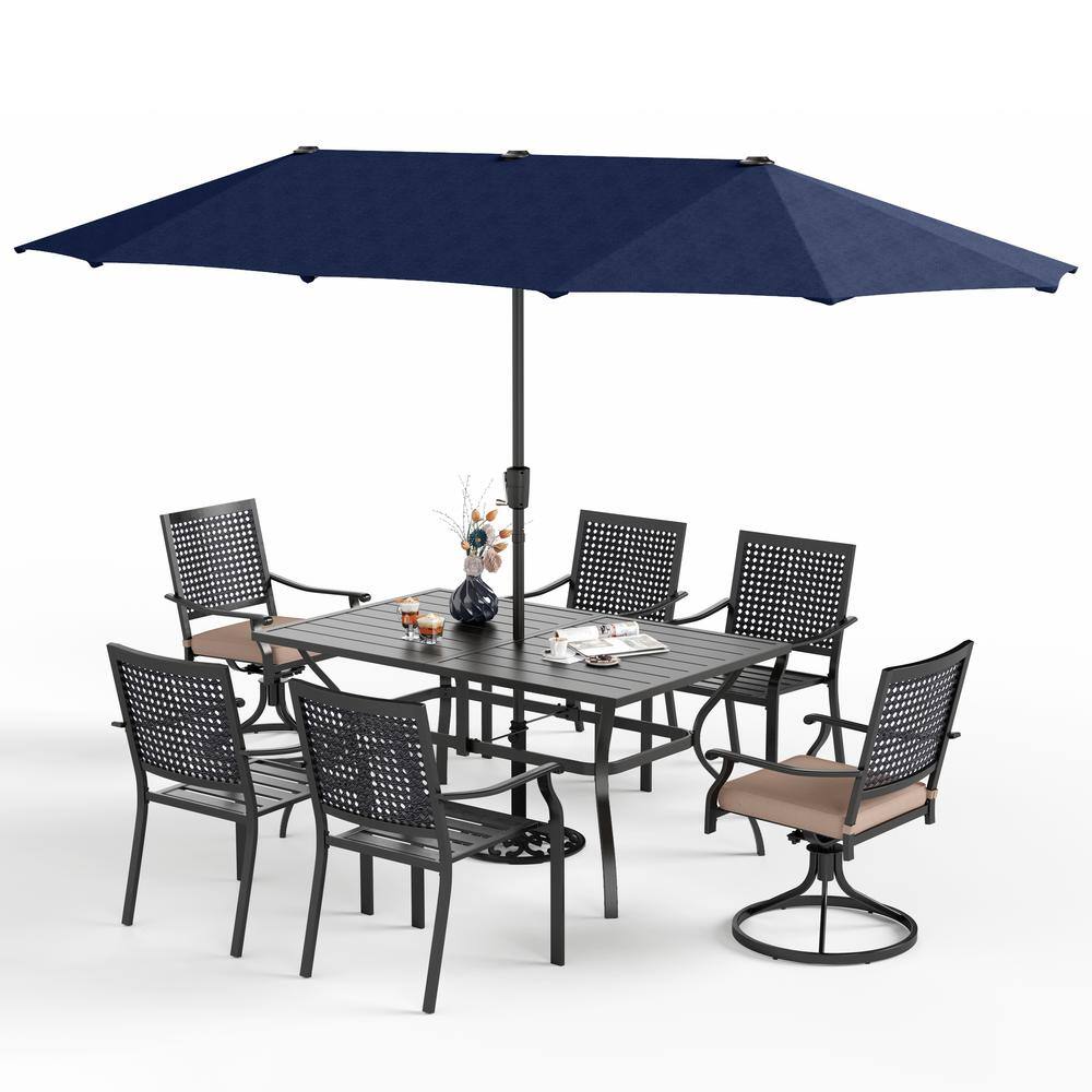 None Black 8-Piece Metal Patio Outdoor Dining Set with Navy Umbrella and Swivel Chairs with Beige Cushions