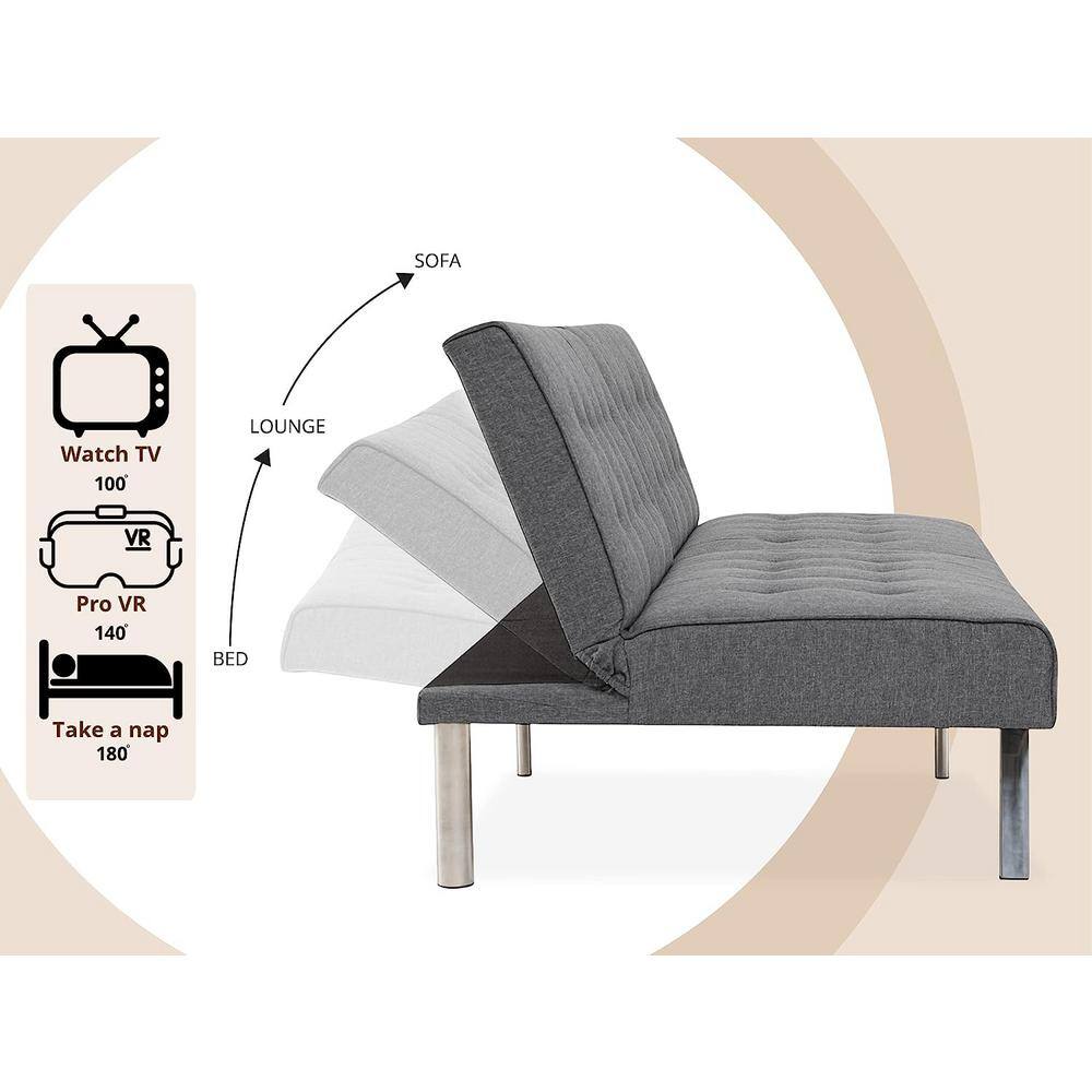 HOMESTOCK Gray, Linen Tufted Split Back Futon Sofa Bed, Linen Couch Bed, Futon Convertible Sofa Bed with Metal Legs